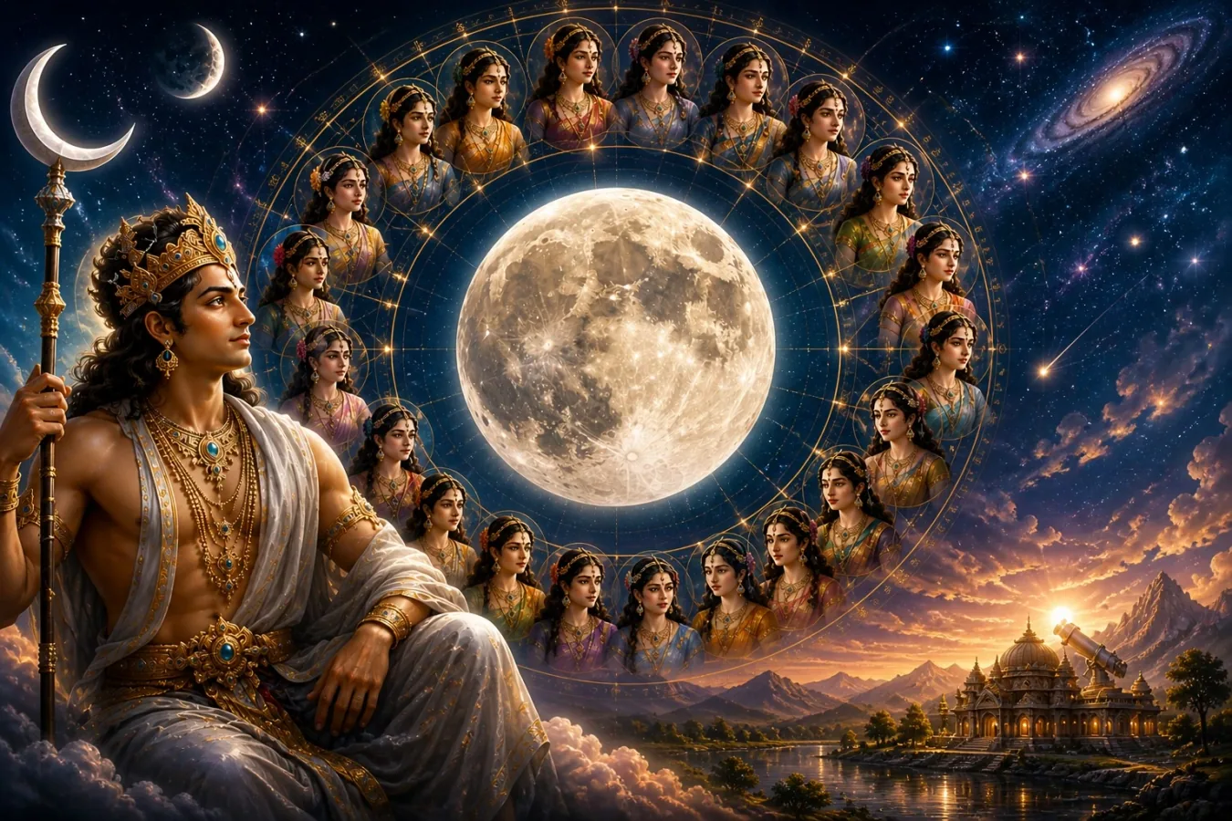 Ancient Indian mythology meets astronomy in a cosmic artwork featuring Chandra and the 27 Nakshatras.
