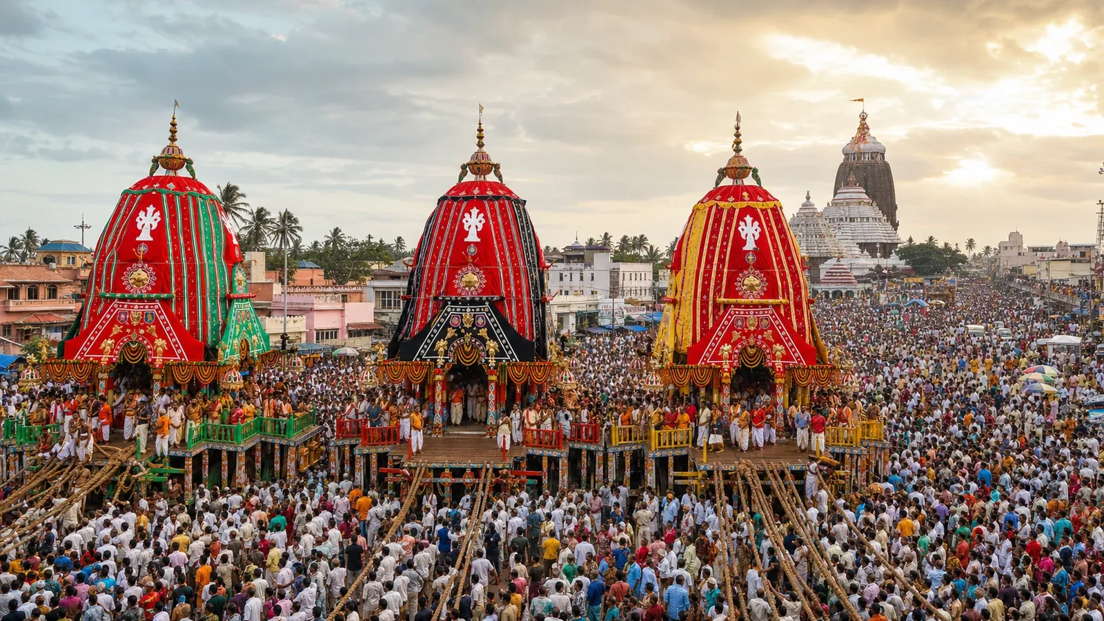 The three towering chariots of Lord Jagannath, Balabhadra and Subhadra on Puri's Grand Road before the Jagannath Temple, thronged by devotees during the Bahuda Yatra return journey