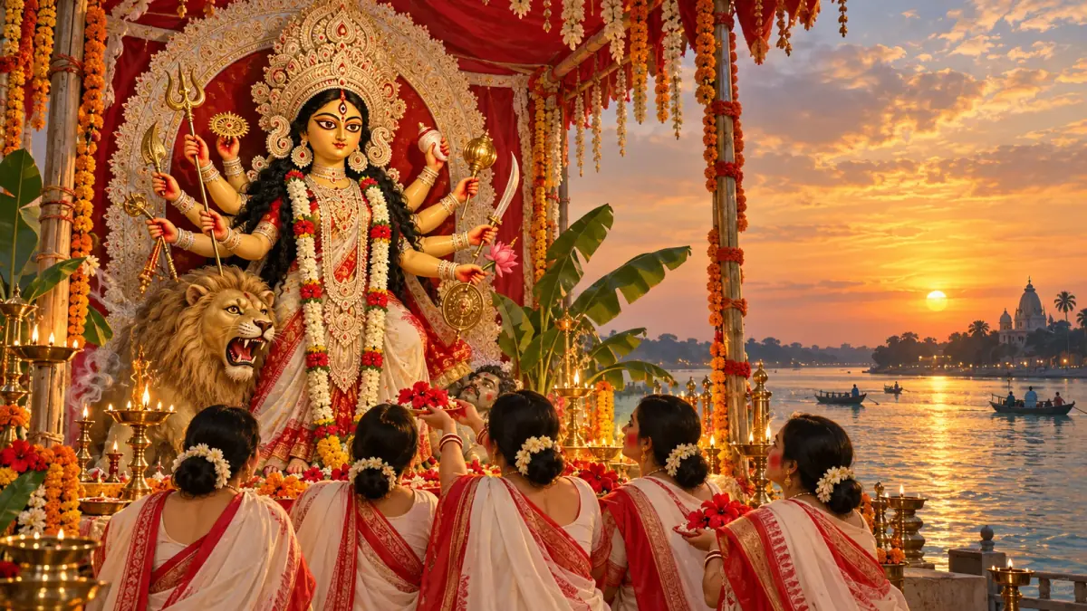 Bengali Durga idol with a lion beside a river, with women in white and red saris offering flowers at sunset.