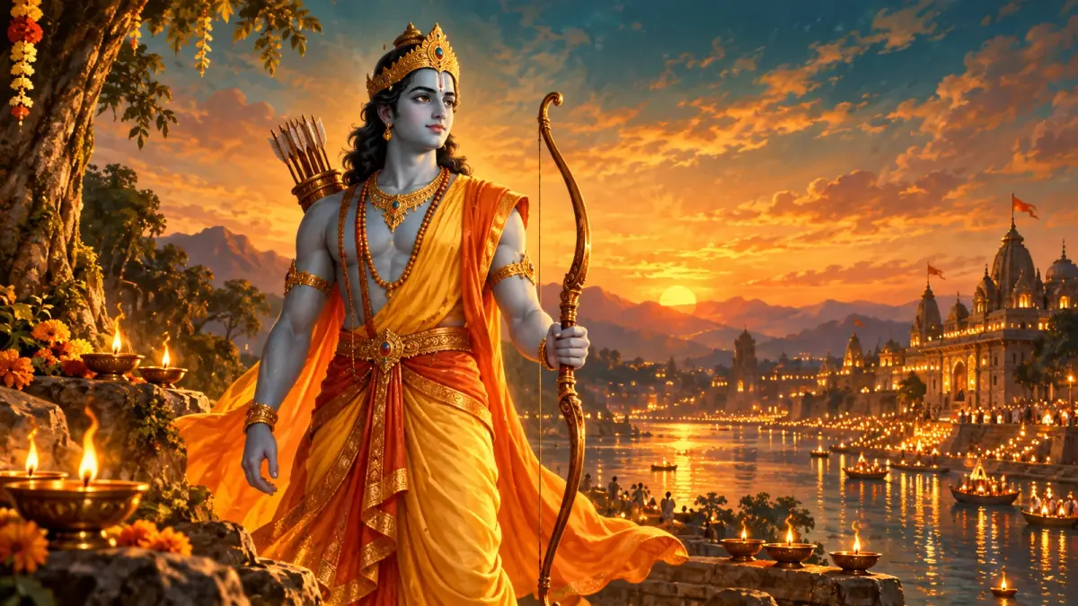 Devotional illustration of Bhagwan Rama holding a bow beside a river illuminated with festival lamps at sunset.