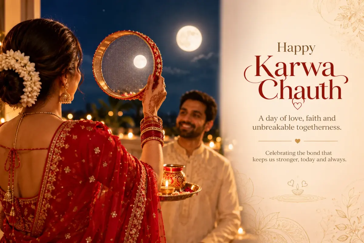 A woman in a red saree with mehendi on her hands raises a decorated sieve towards the moon on Karwa Chauth night, holding a puja thali with a karwa and a diya, while her smiling husband looks on beside the greeting Happy Karwa Chauth.