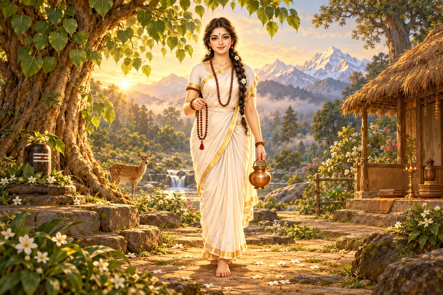Devotional painting of Maa Brahmacharini, the second Navdurga, standing barefoot in white ascetic robes holding a rosary and kamandal in a forest hermitage.
