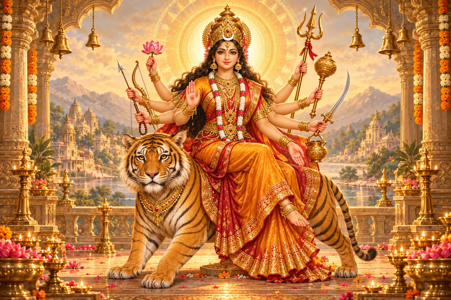 Devotional painting of Maa Chandraghanta, the third Navdurga, ten-armed on a tigress with the bell-shaped crescent moon on her forehead.