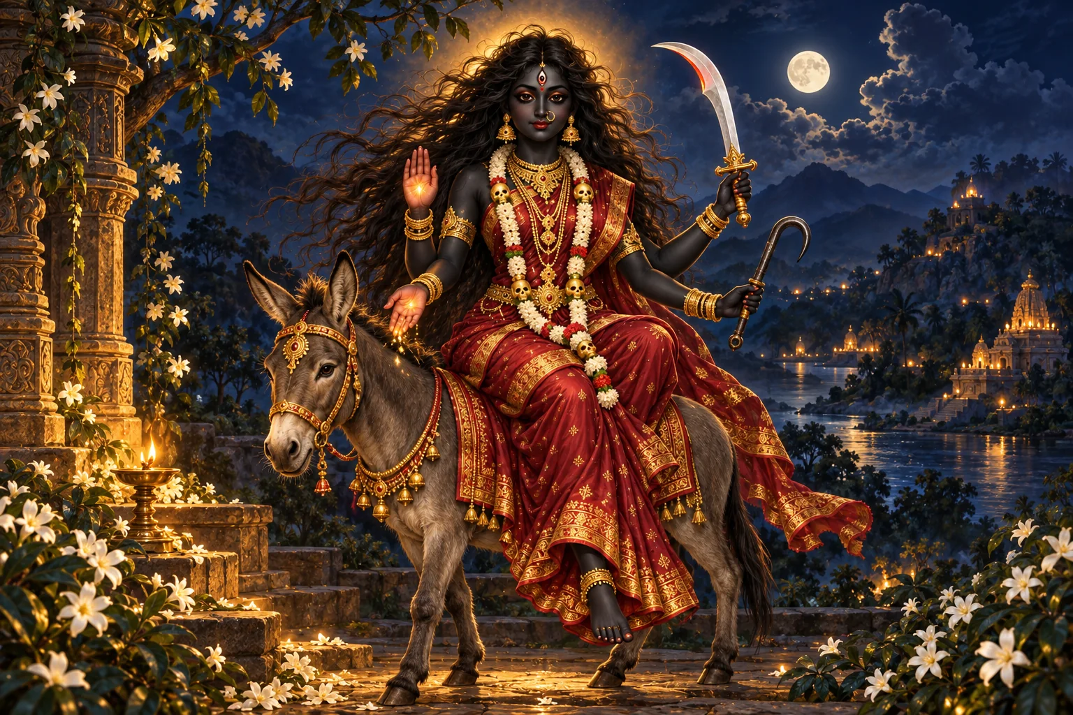 Devotional painting of Maa Kalaratri, the seventh Navdurga, dark-complexioned and powerful on her donkey, blessing hands raised, night-blooming jasmine glowing in the dark.