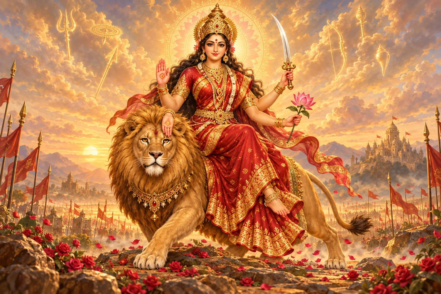 Devotional painting of Maa Katyayani riding a lion, holding a sword and lotus, with her other hands offering protection and blessings.