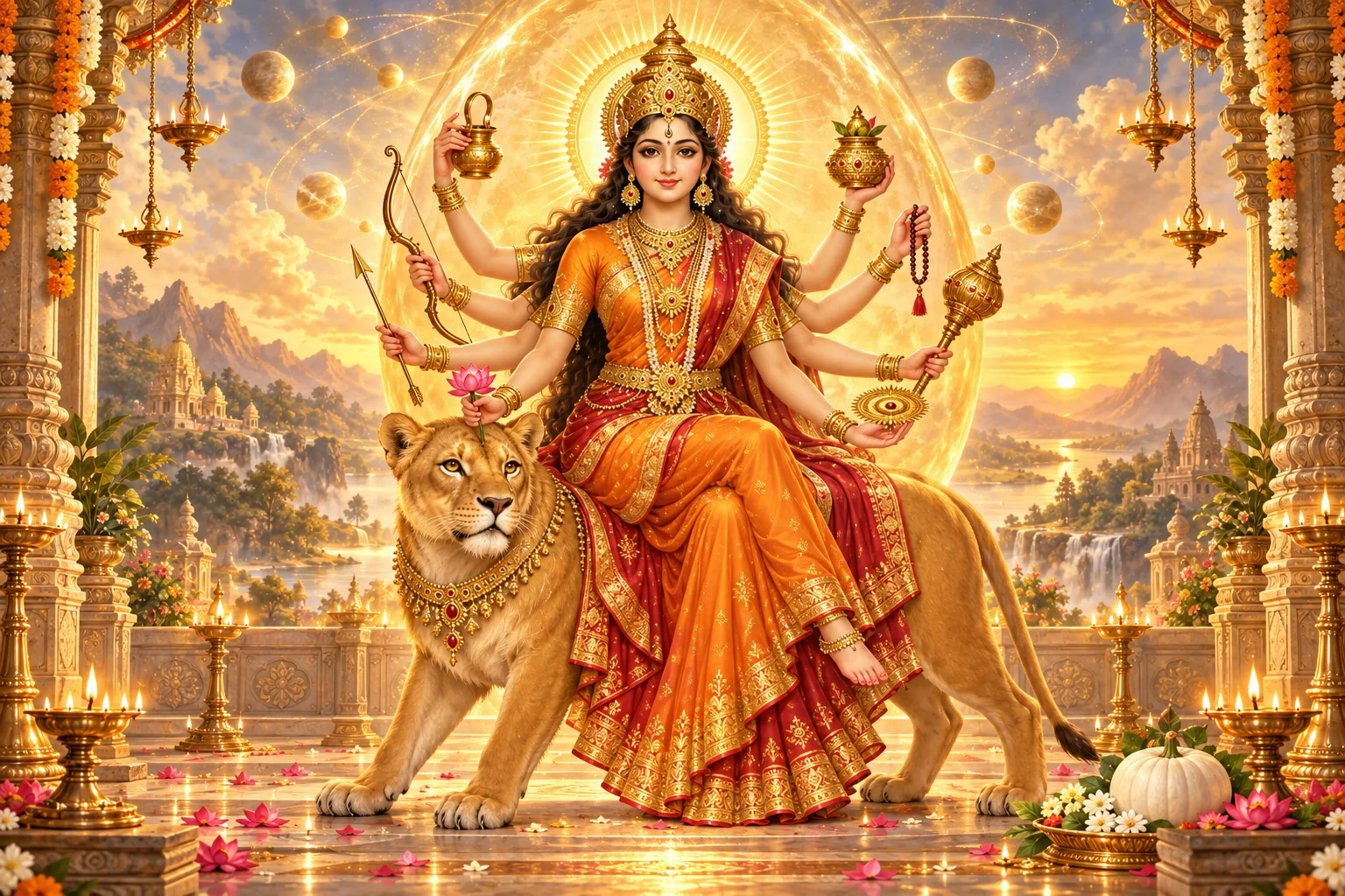 Devotional painting of Maa Kushmanda, the fourth Navdurga, eight-armed on a lioness with a radiant solar halo and cosmic golden light.