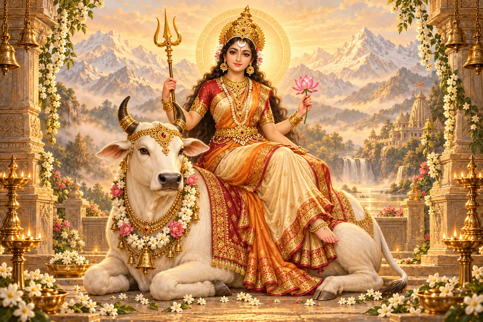 Devotional painting of Maa Shailputri, the first Navdurga, seated on her white bull with trident and lotus, a crescent moon on her forehead, against pale Himalayan peaks.