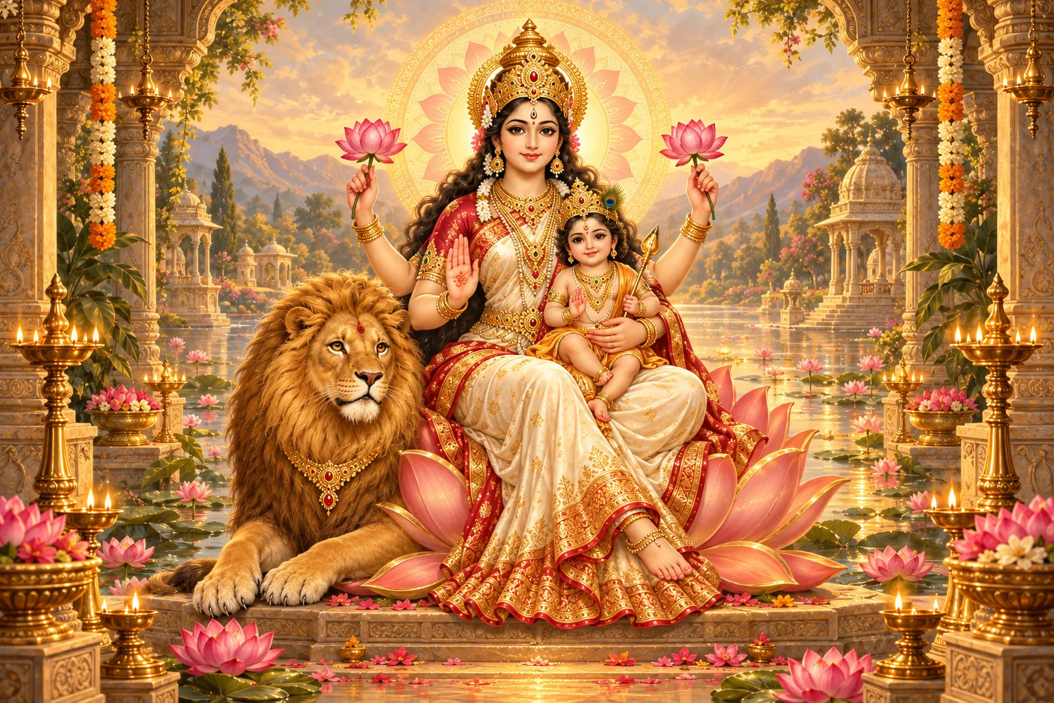 Devotional painting of Maa Skandamata, the fifth Navdurga, seated on a lotus with baby Skanda in her lap, lotuses in her upper hands and a lion at her side.