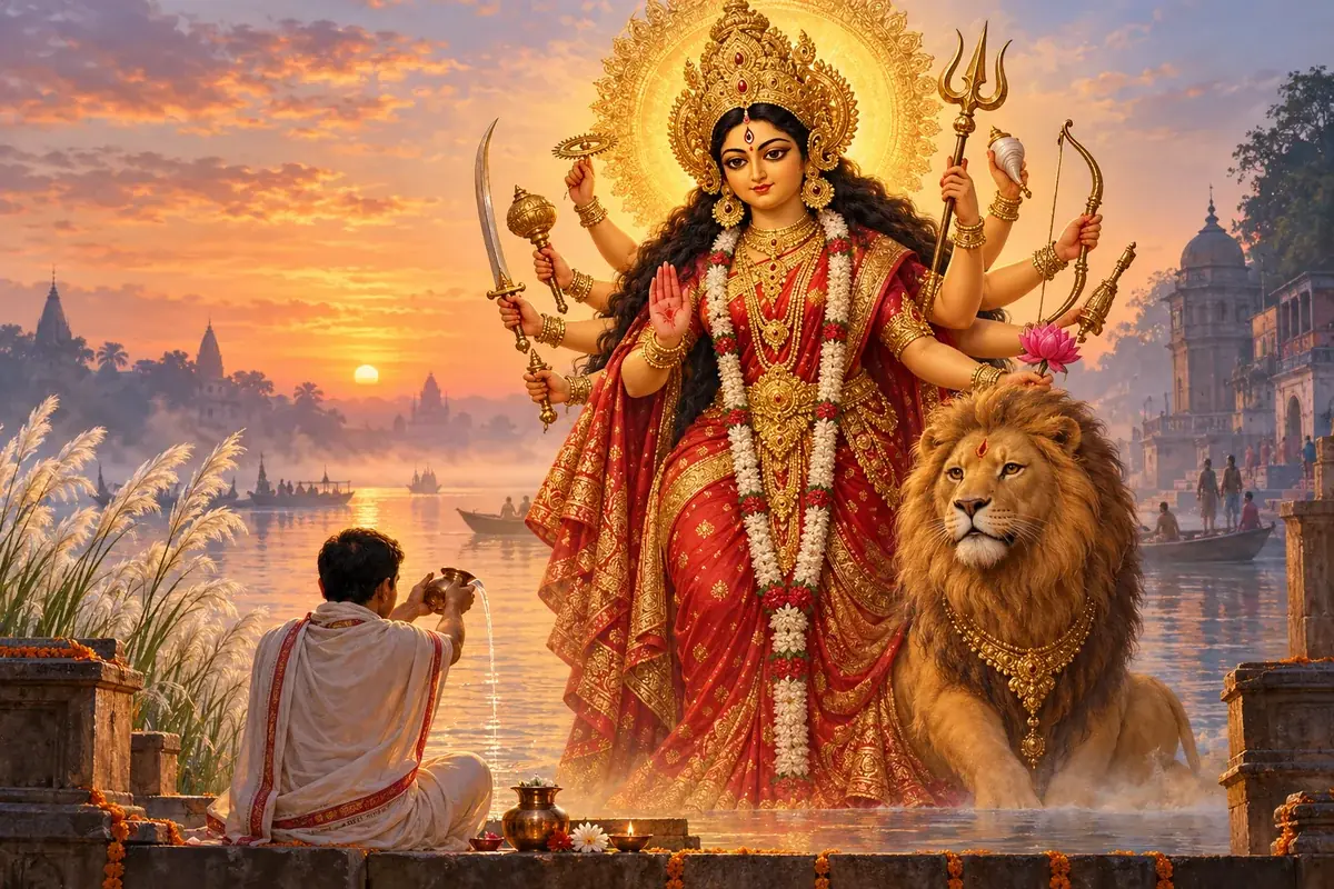 Ten-armed Maa Durga in a red and gold saree with her lion, rising over the river at sunrise as a devotee on the ghat steps pours water from a brass vessel in tarpan, with white kash flowers and riverside temples.