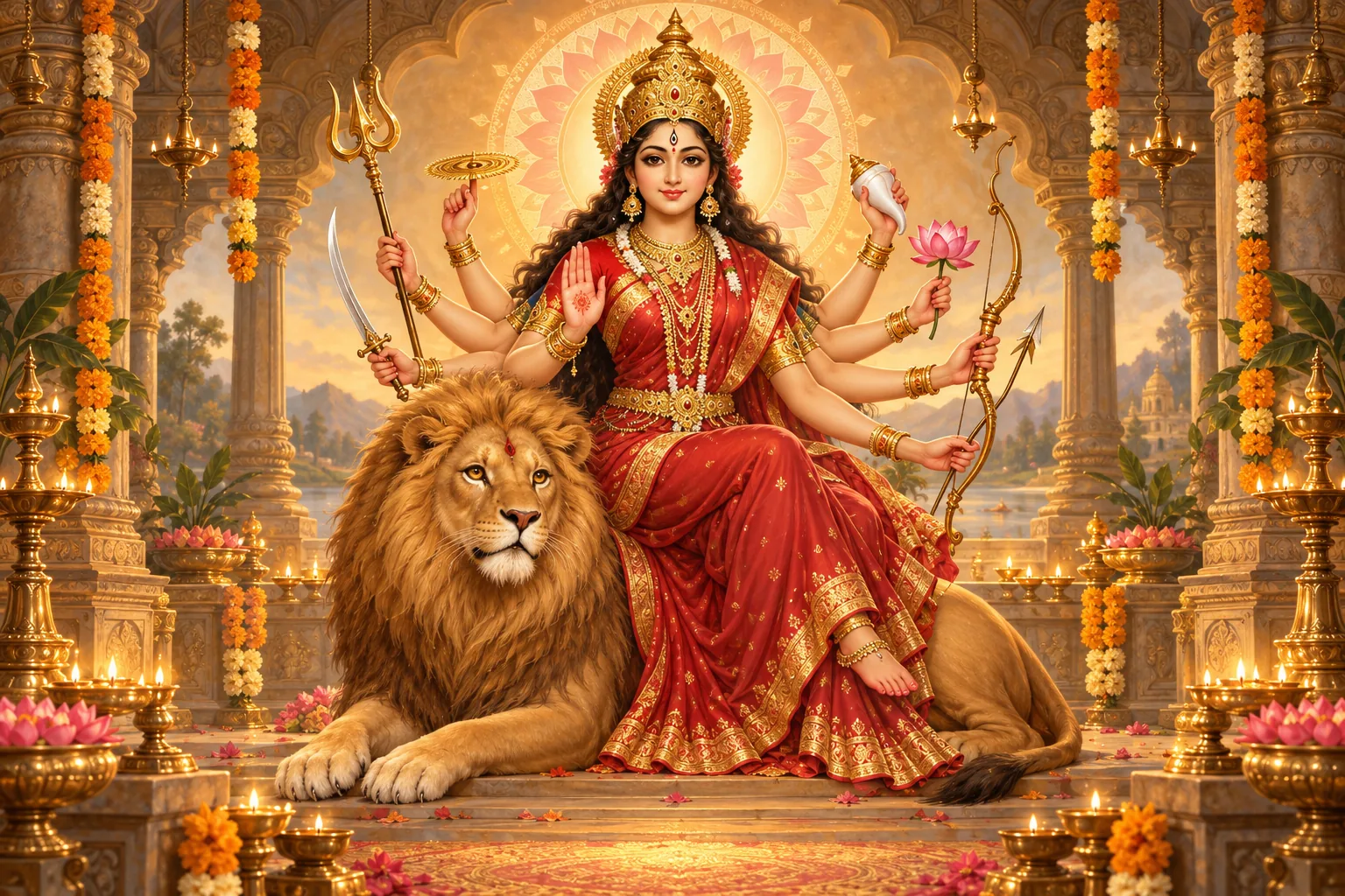Devotional painting of Maa Durga seated on her lion — cover art for the Navratri Navdurga series