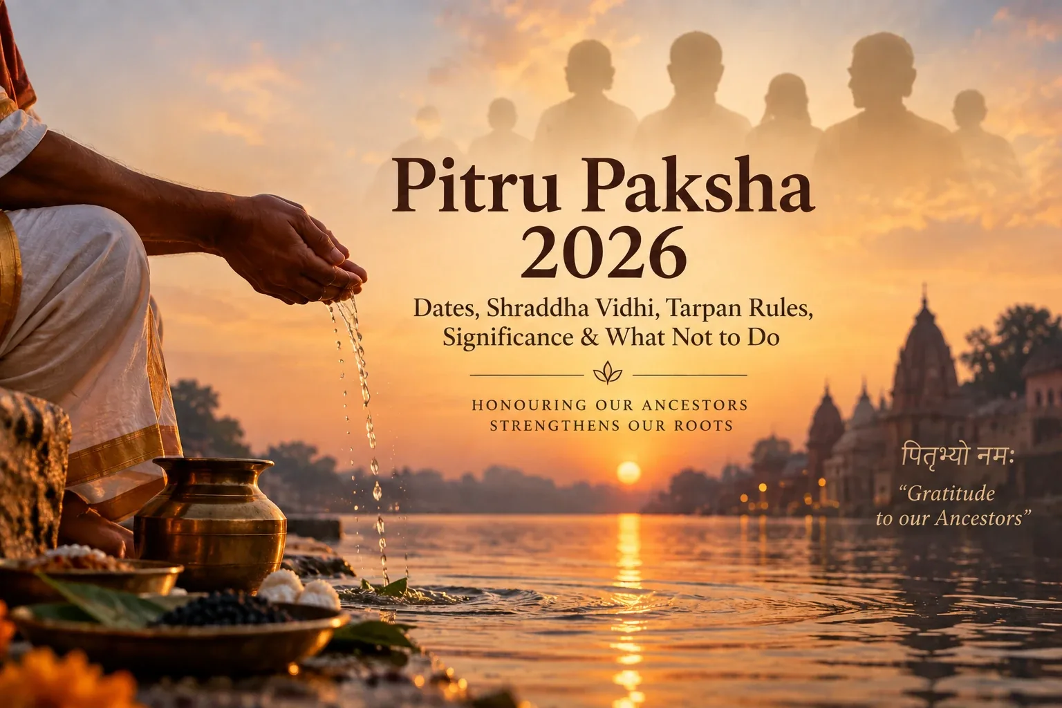 पितृ पक्ष में प्रातःकाल नदी घाट पर तांबे के पात्र से जल और काले तिल का तर्पण करता पुत्र, पास में दीपक और कुश।