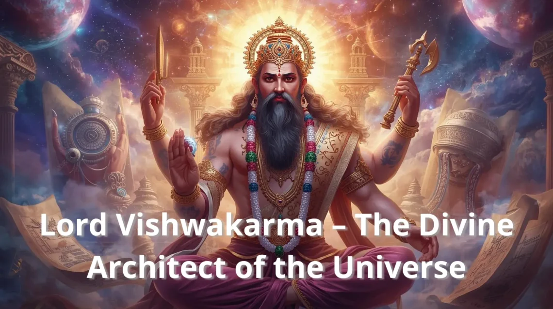 Lord Vishwakarma seated on throne with tools – Vishwakarma Pooja