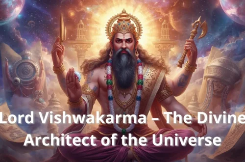 Lord Vishwakarma seated on throne with tools – Vishwakarma Pooja