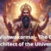 Lord Vishwakarma seated on throne with tools – Vishwakarma Pooja