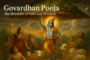 Lord Krishna lifting Govardhan Hill